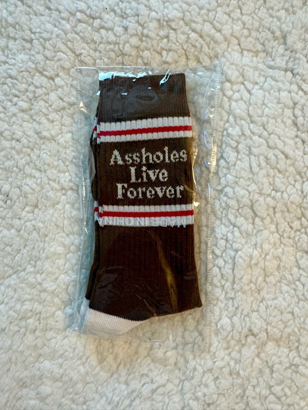 Brown Crew Socks with Stripe Accent and Statement Text